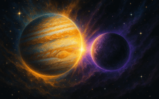 Imagem da conjunção de Júpiter e Plutão no espaço, representando uma energia intensa e transformadora. Júpiter com tons dourados e azuis vibrantes, enquanto Plutão aparece com uma aura misteriosa em roxo e preto. A imagem simboliza a renovação e a mudança profunda trazida por esse alinhamento planetário.