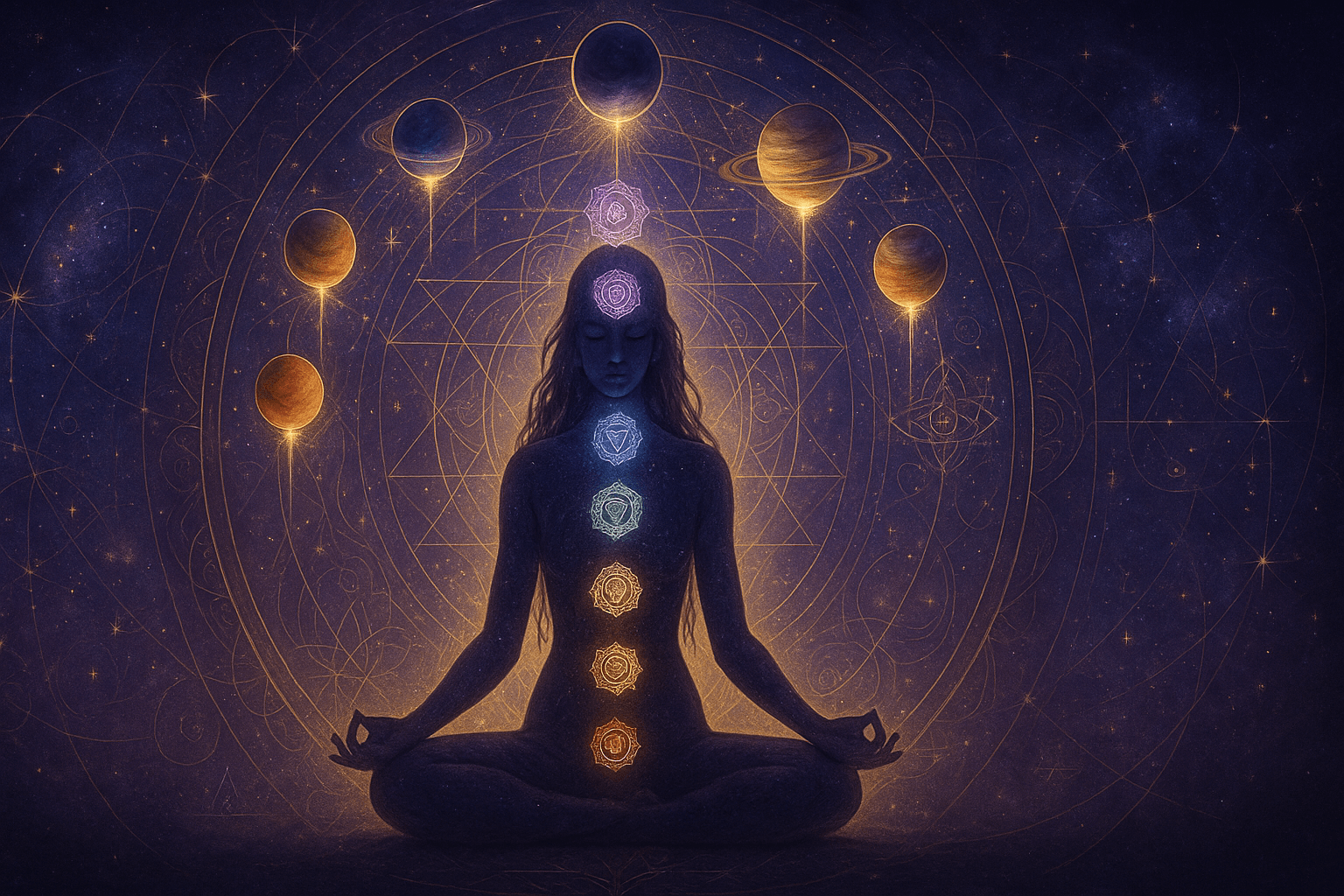 Imagem mística de uma figura meditando com os chakras iluminados, conectada aos planetas no céu estrelado, simbolizando a união entre corpo e cosmos na astrologia energética.
