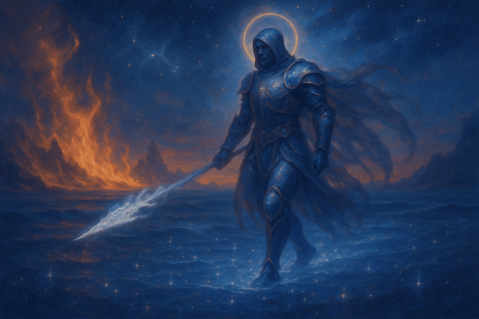 Ilustração simbólica de Netuno em Áries com guerreiro espiritual em cenário de fogo e água, representando coragem intuitiva e ação com alma.