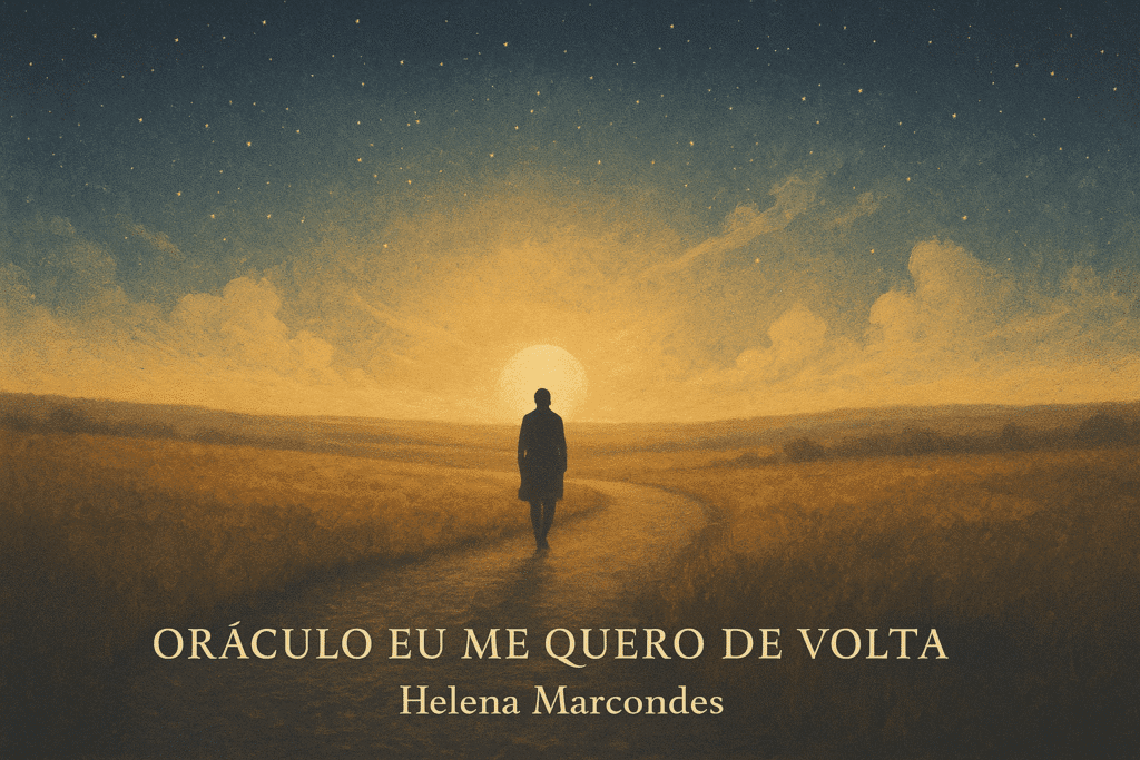 Ilustração de uma figura solitária caminhando em uma estrada sob um céu dourado, representando o retorno ao eu interior, inspirada no Oráculo Eu Me Quero De Volta de Helena Marcondes.