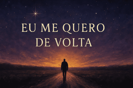Ilustração de uma figura solitária caminhando em uma estrada sob um céu dourado, representando o retorno ao eu interior, inspirada no Oráculo Eu Me Quero De Volta de Helena Marcondes.