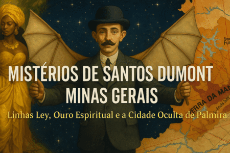 Ilustração simbólica de Santos Dumont sob o céu estrelado da Serra da Mantiqueira, com referências a linhas ley, espiritualidade e mistérios de Minas Gerais.