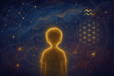 Criança de luz olhando para um céu cósmico com constelações, ondas energéticas, mapas astrais e símbolos da Era de Aquário, representando neurodivergência, astrologia e educação quântica.