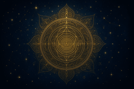 Mandala cósmica dourada representando a Tabela Harmônica de Idade na astrologia, com padrões vibracionais e constelações no fundo estrelado.