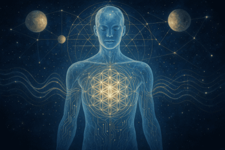 Ilustração de um corpo humano vibracional, com campo eletromagnético, frequências, ondas de luz dourada e prata, representando metais pesados no corpo e sua conexão com a biorressonância, cura vibracional e astrologia.