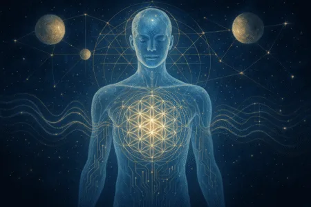Ilustração de um corpo humano vibracional, com campo eletromagnético, frequências, ondas de luz dourada e prata, representando metais pesados no corpo e sua conexão com a biorressonância, cura vibracional e astrologia.