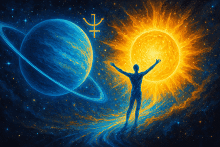 Imagem cósmica representando a energia da conjunção de Urano com o Sol, simbolizando transformação, liberdade e renovação pessoal, com tons vibrantes de azul e dourado.