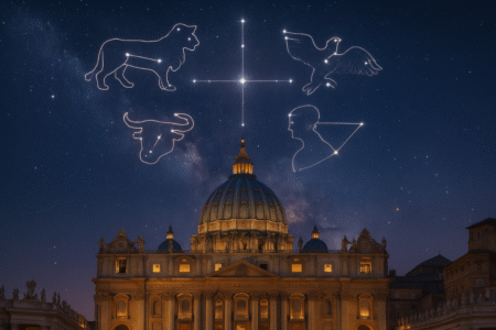 Imagem da Basílica de São Pedro sob o céu estrelado, com a Cruz Fixa Celeste e a constelação Cygnus ao fundo — representando a profecia de Göbekli Tepe.