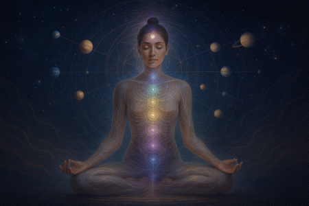 Ilustração da astrologia quântica conectando corpo humano aos planetas