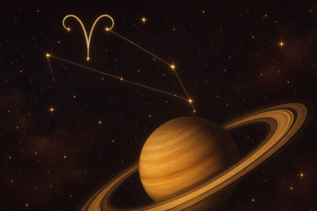 Ilustração mística de Saturno com seus anéis dourados cruzando a constelação de Áries no céu, com fundo cósmico em tons de vinho, marrom e dourado. Arte astrológica elegante e espiritual.
