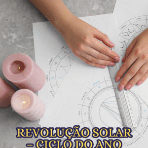 Mapa astrológico da revolução solar sendo analisado com régua e velas acesas ao lado