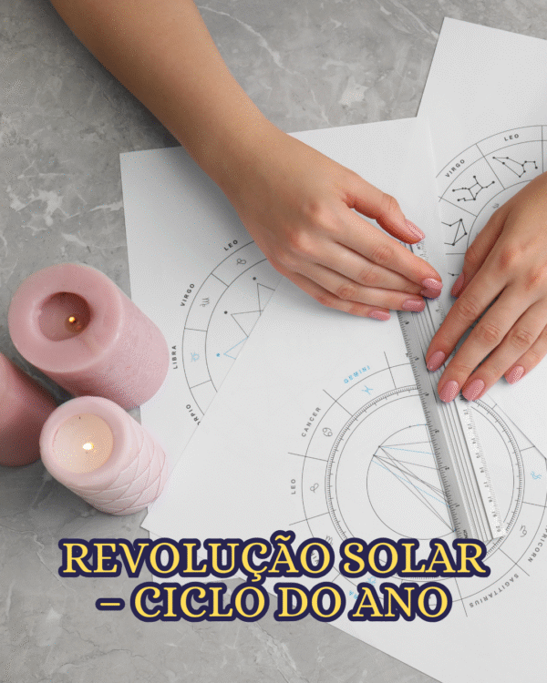 Mapa astrológico da revolução solar sendo analisado com régua e velas acesas ao lado