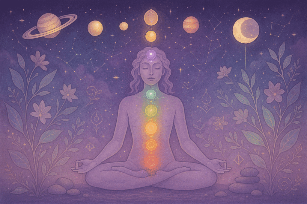 Ilustração dos chakras alinhados ao corpo humano em meditação com planetas no céu, representando a conexão entre astrologia e corpo energético.